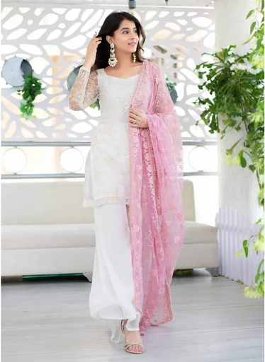 Kurta blanca con dupatta de hilo grueso (conjunto de 3)